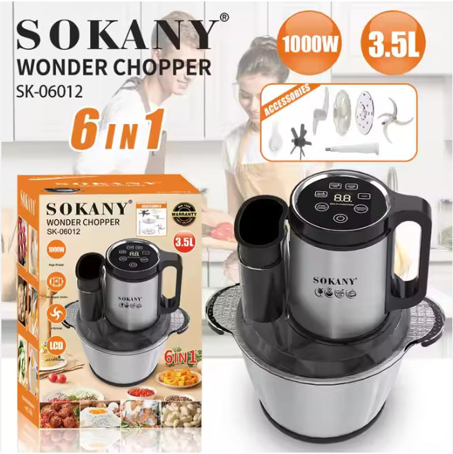 Sokany Stainless Steel 6-in-1 Digital Chopper 3.5L 1000W – SK-06012N كبه سوكانى استنالس 6*1 ديجيتال 3.5لتر1000وات بضمان المغربي