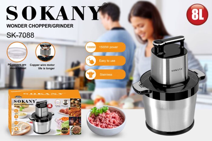 Sokany Stainless Steel Chopper + Extra Blade 1800W 8L –SK-7088A كبة سوكاني استانلس+سلاح اضافي 1800وات 8لتر بضمان المغربي