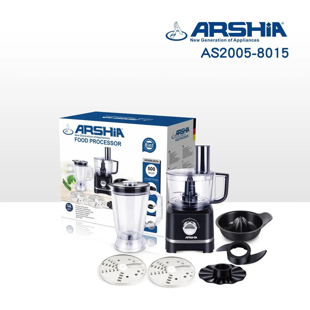 Arshia Food Processor 500W AS2005-8015 7x1 ارشيا محضر طعام