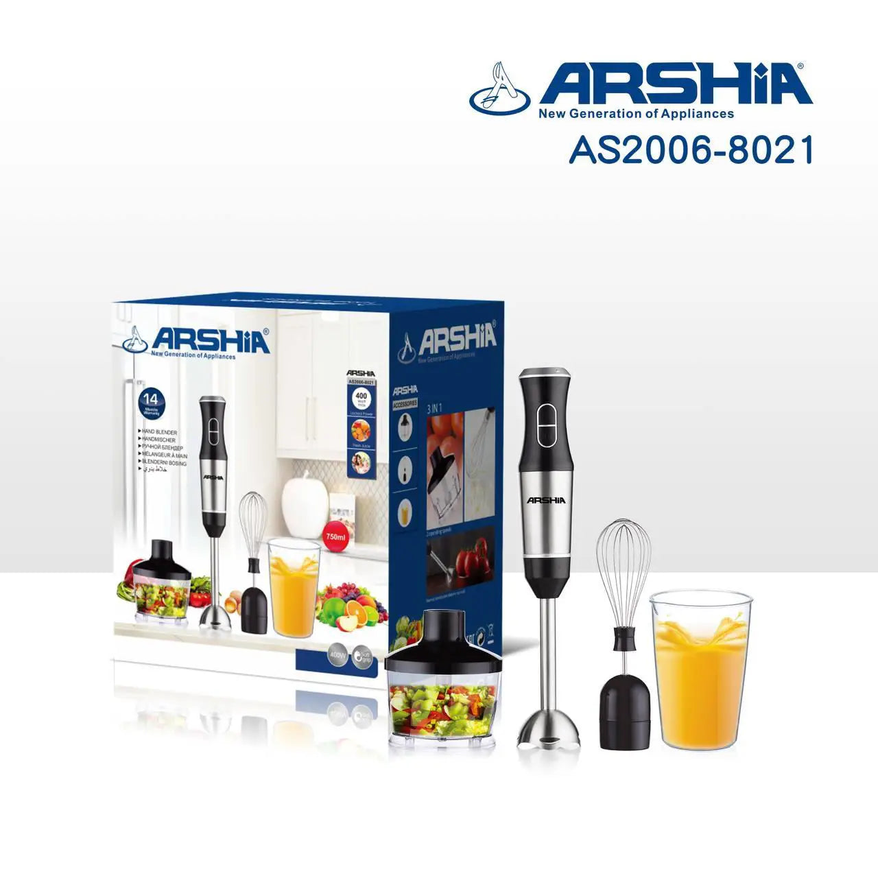 Arshia Hand blender - 400W - AS2006-8021    3x1 ارشيا هاند بليندر