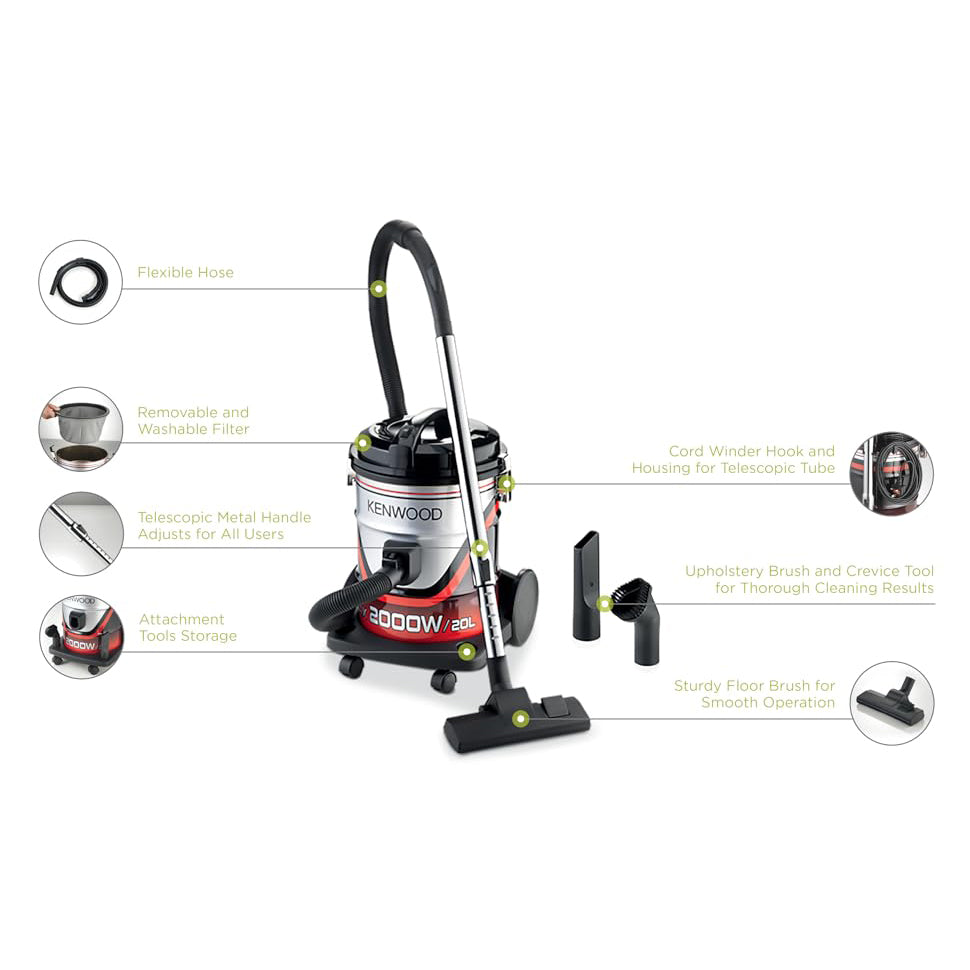 Kenwood Drum Vacuum Cleaner 2200W 25L Tank Vacuum Cleaner With 8M مكنسة كهربائية أسطوانية من كينوود 2200 واط بخزان سعة 25 لتر