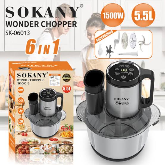 Sokany Stainless Steel 6-in-1 Digital Food Chopper 5.5L 1200W - SK-06013N كبه سوكانى استنالس 6*1 ديجيتال 5.5لتر1200وات بضمان المغربي